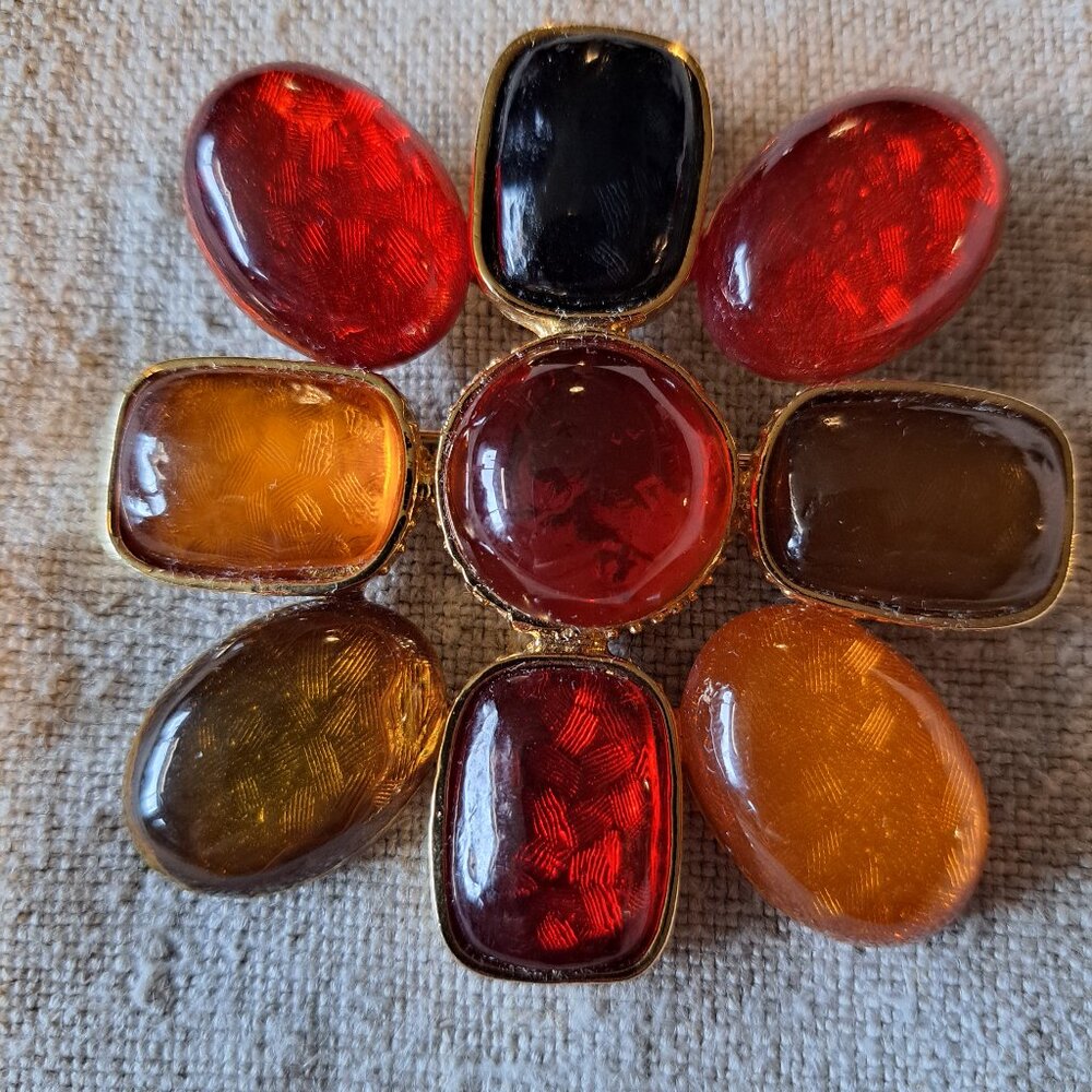 Rare vintage Les Bernard colorful resin and gold signed brooch.